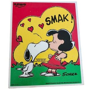 Vintage Playskool Peanuts Snoopy Lucy 8 Piece Wood Puzzle "SMAK!" 1952 1958